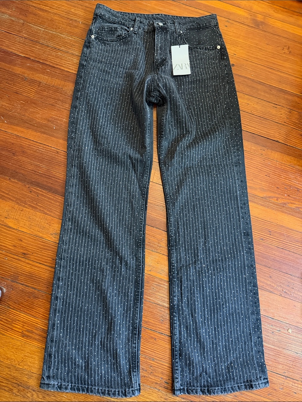 NWT Zara Gray Pinstripe Rhinestone Straight-Leg Jeans Size 42